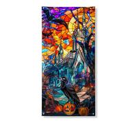 Couverture de porte en vitrail d'Halloween - Bannière effrayante corbeau et citrouille - Décoration de porte d'entrée - Intérieur ou extérieur - Toile de fond gothique à suspendre pour fête de