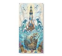 Couverture de porte extérieure amusante avec singe nautique pirate 91,4 x 182,9 cm, maison au trésor de l'océan d'été, bannière de porte d'entrée et de sortie, phare cool imprimé, décorations