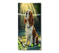 Couverture de porte extérieure amusante de chien Cavalier King Charles Spaniel 91,4 x 182,9 cm, chiot sportif de tennis, bannière de porte avant et arrière, décoration d'intérieur mignonne et amusante