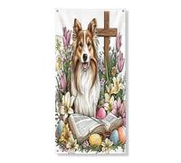 Couverture de porte extérieure de 91,4 x 182,9 cm, motif chien berger shetland de printemps, Pâques, œufs de campagne, chiot, bannière de porte d'entrée, décoration amusante pour la maison et le