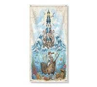 Couverture de porte extérieure de 91,4 x 182,9 cm, motif chien russell terrier nautique, maison, phare de mer d'été, bannière de porte d'entrée, décoration de sortie, décoration sous-marine imprimée