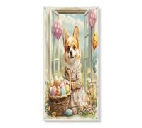 Couverture de porte extérieure de chien corgi de printemps de Pâques 91,4 x 182,9 cm, chiot Victoria Country - Bannière pour porte d'entrée et de sortie - Décoration imprimée pour maison de ferme