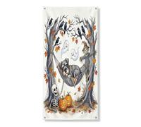 Couverture de porte extérieure de chien schnauzer d'automne pour Halloween, 91,4 x 183 cm, fantôme effrayant, squelette, bannière de porte d'entrée, décoration de porche d'intérieur effrayante