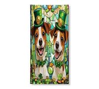 Couverture de porte extérieure de la Saint-Patrick Russell Terrier 91,4 x 182,9 cm, chiot en vitrail pour porte d'entrée, sortie, trèfle pour animaux domestiques, décoration d'intérieur pour porche
