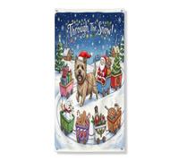 Couverture de porte extérieure de Noël bleue avec chien cairn terrier 91,4 x 183 cm, motif train de Noël amusant et neige, bannière pour porte avant et arrière, décoration d'intérieur, décoration de