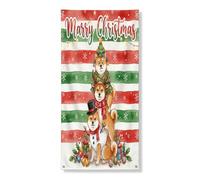 Couverture de porte extérieure de Noël étrange chien Shiba Inu, 91,4 x 182,9 cm, motif de Noël rouge et vert, bannière d'entrée, décoration d'intérieur de vacances