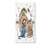 Couverture de porte extérieure de Noël rustique russe avec chat bleu russe, 91,4 x 182,9 cm, traîneau de Noël, bannière de porte d'entrée, de sortie, décoration de ferme, intérieur, porche