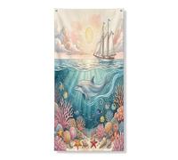 Couverture de porte extérieure de plage d'été avec dauphin - 91,4 x 183 cm - Océan côtier - Maison de vie marine - Bannière de porte d'entrée et de sortie - Décoration de porche imprimée sous l'eau
