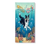 Couverture de porte extérieure de plongée en forme de chien Border Collie de l'océan 91,4 x 183 cm, chiot d'été côtier sur la côte - Bannière de porte avant et arrière - Décoration sous-marine
