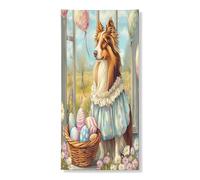 Couverture de porte extérieure de printemps et de Pâques - 91,4 x 182,9 cm - Chiot Victoria Country - Bannière pour porte d'entrée et de sortie - Décoration imprimée pour maison de ferme, intérieur