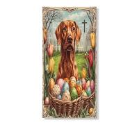 Couverture de porte extérieure de printemps et de Pâques avec chien rhodésien à crête 91,4 x 182,9 cm, croix d'œuf de ferme, maison de chiot, bannière de porte d'entrée, décoration de porche