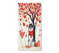 Couverture de porte extérieure de Saint Valentin Husky 91,4 x 183 cm, motif cœur arbre, chiot imprimé, bannière de porte avant et arrière, décoration d'intérieur pour animaux domestiques, porche