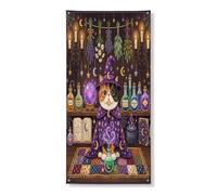 Couverture de porte extérieure de sorcière d'Halloween éexotique chat à poil court 91,4 x 183 cm, rétro amusante sorcière magique, bannière de porte d'entrée et de sortie, décoration effrayante pour