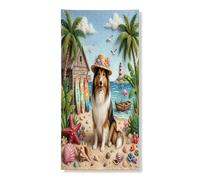 Couverture de porte extérieure d'été avec chien Collie rugueux 91,4 x 182,9 cm, chiot côtier palmier, plage, bannière d'entrée et de sortie, décoration tropicale pour intérieur et porche