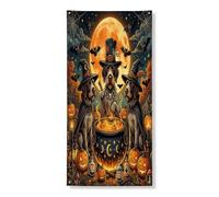 Couverture de porte extérieure d'Halloween à poil dur avec pointeur de chien 91,4 x 183 cm, chiot vintage chaudron de sorcière imprimé bannière de porte avant et arrière, décoration effrayante pour la