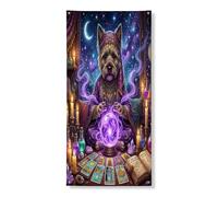 Couverture de porte extérieure Halloween avec chien cairn terrier 91,4 x 182,9 cm, chiot sorcier, tarot effrayant, bannière de porte avant et arrière, décoration effrayante pour la maison, le porche