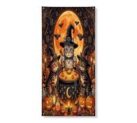 Couverture de porte extérieure Halloween chat américain à poil court 91,4 x 182,9 cm, chaudron de sorcière vintage imprimé chaton sorcière bannière de porte avant et arrière décoration de porte
