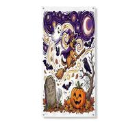 Couverture de porte extérieure mignonne de sorcière allemande pour Halloween, 91,4 x 182,9 cm, cimetière effrayant imprimé, bannière de porte avant et arrière, décoration effrayante pour la maison, le