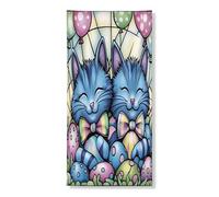 Couverture de porte extérieure motif chat bleu russe de printemps de Pâques 91,4 x 183 cm, œufs en vitrail, bannière de porte avant et arrière, décoration amusante pour animaux domestiques, décoration
