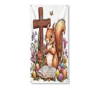 Couverture de porte extérieure motif écureuil de Pâques de printemps 91,4 x 183 cm, œufs de campagne, animaux floraux, bannière de porte d'entrée, de sortie, décoration amusante de ferme et