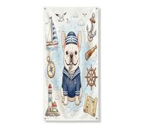 Couverture de porte extérieure nautique bouledogue français bleu marine, 91,4 x 183 cm, chiot d'été, route de navire, bannière d'entrée, décoration d'intérieur cool pour porche