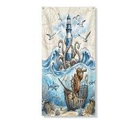 Couverture de porte extérieure nautique de vache des Highlands pirate 91,4 x 182,9 cm, maison au trésor de l'océan d'été, bannière de porte d'entrée et de sortie, phare cool imprimé, décorations