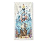 Couverture de porte extérieure nautique Shih Tzu motif océan 91,4 x 182,9 cm, motif phare de mer d'été, bannière de porte avant et arrière, décoration sous-marine, décoration d'intérieur pour porche