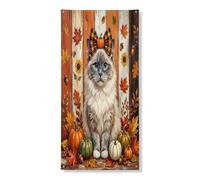 Couverture de porte extérieure rustique en forme de chat ragdoll d'automne 91,4 x 182,9 cm, motif ferme d'automne en bois, bannière d'entrée, décoration d'intérieur cool pour porche
