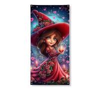 Couverture de porte fantaisie sorcière - Bannière décorative, fille magique avec roses - Décoration de porte d'entrée d'intérieur ou d'extérieur - Fournitures de festival d'Halloween - 91,4 x 183 cm