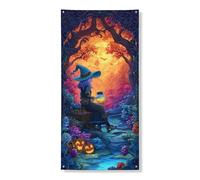 Couverture de porte fantaisie sorcière - Bannière décorative - Forêt enchantée - Décoration d'Halloween - Fournitures d'intérieur et d'extérieur - Fournitures de festival d'automne - 91,4 x 183 cm