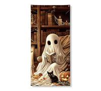 Couverture de porte fantôme d'Halloween - Bannière décorative, chat effrayant et citrouille - Décoration d'intérieur et d'extérieur - Fournitures de vacances pour festival d'automne - 91,4 x 183 cm