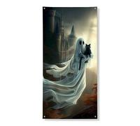 Couverture de porte fantôme d'Halloween - Bannière décorative - Château hanté effrayant et chat - Décoration d'intérieur et d'extérieur - Fournitures de fête d'automne - 91,4 x 183 cm