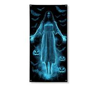 Couverture de porte fantôme effrayant - Bannière décorative - Eerie Blue Spirit - Décoration d'Halloween - Intérieur et extérieur - Fournitures de fête - 91,4 x 183 cm