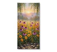 Couverture de porte florale au coucher du soleil - Décoration de jardin - Fleurs sauvages violettes et jaunes vives - Décoration de jardin - Pour intérieur ou extérieur - Printemps - Été - Toile de