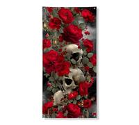 Couverture de porte gothique à motif floral - Roses rouges foncées et crânes - Décoration d'intérieur ou d'extérieur - Toile de fond effrayante à suspendre - 91,4 x 183 cm
