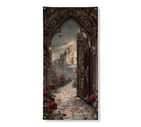 Couverture de porte gothique, bannière décorative, château fantaisie sombre et chemin de rose, décoration de porte d'entrée, Halloween intérieur ou extérieur, toile de fond à suspendre 91,4 x 183 cm