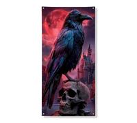 Couverture de porte gothique corbeau - Bannière décorative, motif crâne et château - Pour fête d'Halloween, décoration intérieure et extérieure - 91,4 x 183 cm