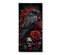 Couverture de porte gothique corbeau - Bannière décorative - Motif roses et crâne - Décoration de porte d'entrée pour intérieur ou extérieur - Fournitures de festival d'Halloween - 91,4 x 183 cm