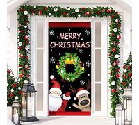 Couverture de Porte Merry Christmas Accessoire de Photo à Thème de Noël Toile de Fond de Renne Flocon de Neige Père Noël pour Porte de Maison Fête d'hiver Vacances Veille de Noël
