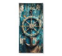 Couverture de porte nautique - Bannière décorative vintage sur le thème des roues de bateau et des ancres, accents côtiers d'été pour la maison, la plage, le festival, 91,4 x 182,9 cm