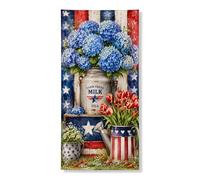 Couverture de porte patriotique florale décorative, hortensias bleus rustiques et tulipes rouges, décoration de porte d'entrée, fournitures de fête d'été pour intérieur et extérieur, 91,4 x 183 cm
