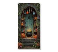 Couverture de porte pour Halloween - Chaudron - Bannière décorative - Citrouille effrayante - Plantes sorcières - Décoration de porte d'entrée - Fournitures de festival d'automne - 91,4 x 183 cm