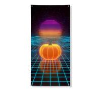 Couverture de porte rétro citrouille décorative, motif grille de coucher de soleil fluo, décoration de porte d'entrée, intérieur ou extérieur, fournitures d'automne d'Halloween 91,4 x 183 cm