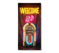Couverture de porte rétro Jukebox - Bannière accueillante - Décoration d'intérieur - Motif de notes de musique fluo colorées pour fêtes et fêtes - 91,4 x 183 cm