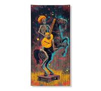 Couverture de porte squelette cowboy décorative, coloré Jour des morts Cheval Rider Art mural, intérieur ou extérieur, fournitures de festival d'Halloween 91,4 x 183 cm