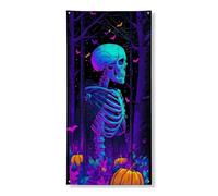 Couverture de porte squelette d'Halloween, bannière décorative, fantômes néon effrayants et citrouilles, décoration de porte d'entrée, intérieur ou extérieur, festival d'automne, fournitures de