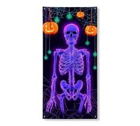 Couverture de porte squelette d'Halloween - Motif squelette néon effrayant et citrouille - Décoration d'intérieur et d'extérieur - Fournitures de vacances de festival - 91,4 x 183 cm