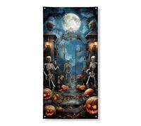 Couverture de porte squelette d'Halloween - Scène de cimetière effrayante avec citrouilles - Décoration hantée pour intérieur et extérieur - Pour festival d'automne - 91,4 x 183 cm