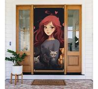 Couverture de porte « Welcome Spring » - Grande bannière à suspendre « A girl who loves cats » - Panneau de bienvenue - Panneau de porche français - Rideaux de porte et fenêtre - Fond de photographie