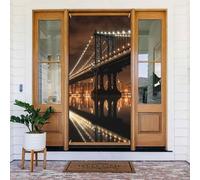 Couverture de porte « Welcome Spring » Grande bannière à suspendre New York Manhattan Bridge Night Welcome Porche Sign French Privacy Door Window Rideaux Photographie Fond Saisonnier Décoration